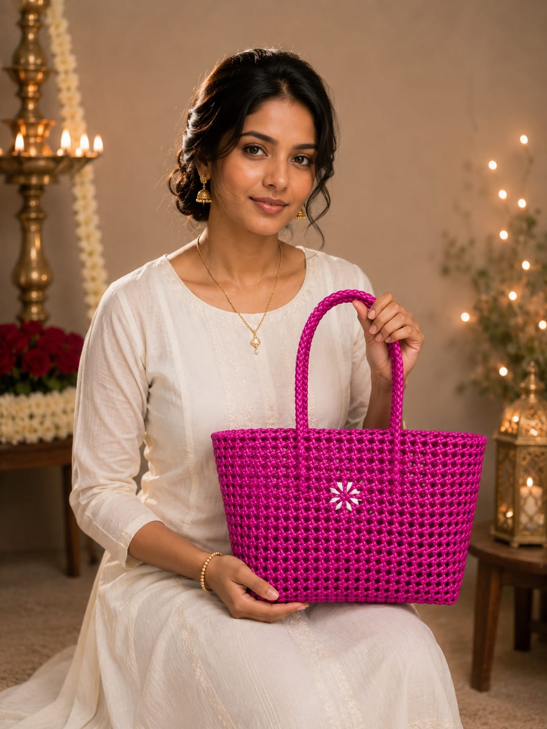Lilatrendz Handcrafted Magenta Pink Wire Basket with White Floral Accent