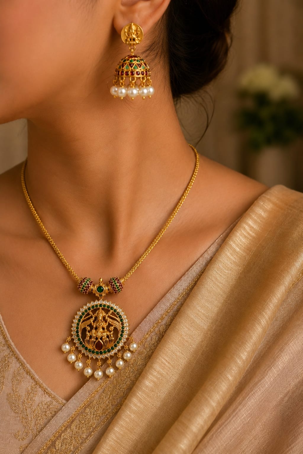 LiLa Trendz Royal Antique Gold Finish Temple Dollar & Jhumka Set