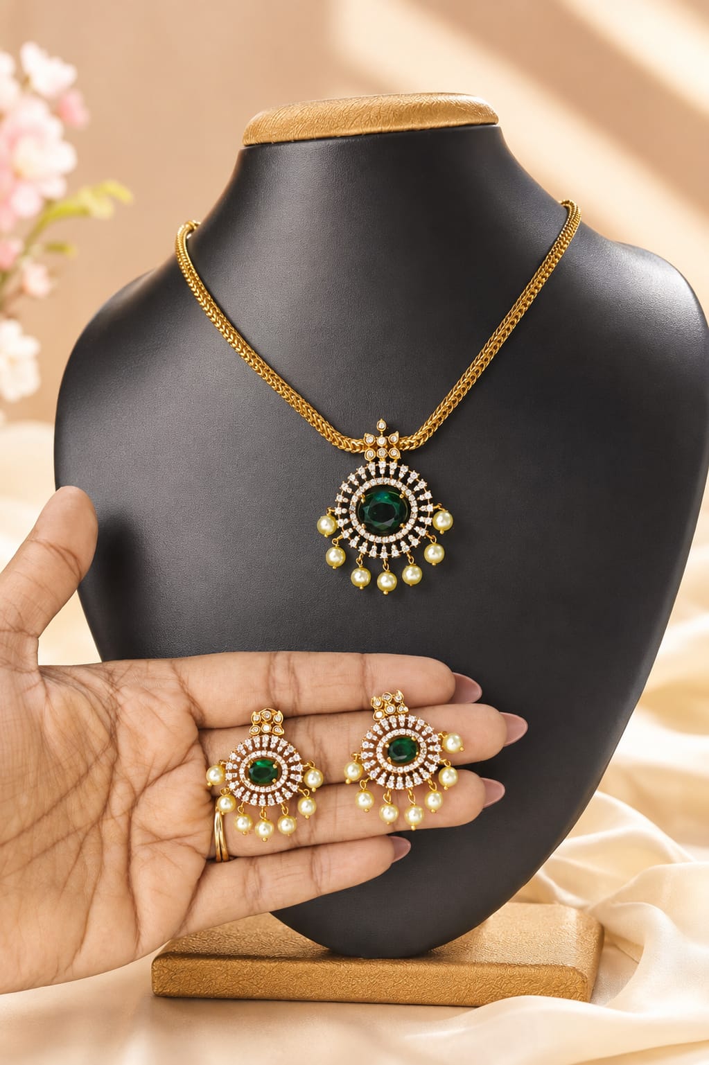 LiLa Trendz Royal AD Stone Emerald Pendant Set with Pearl Drops