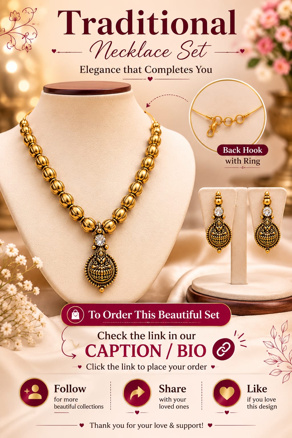Lila Trendz Traditional Gold Tone Necklace Set with Matching Earrings | Elegant Lakshmi Design Jewellery