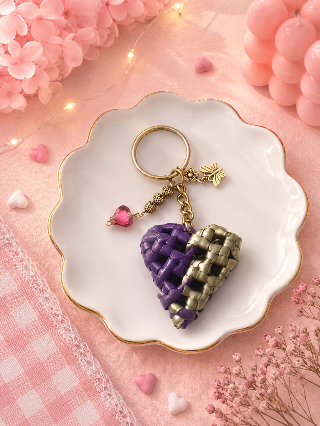 Handcrafted Heart Keychain – Deep Purple & Grey