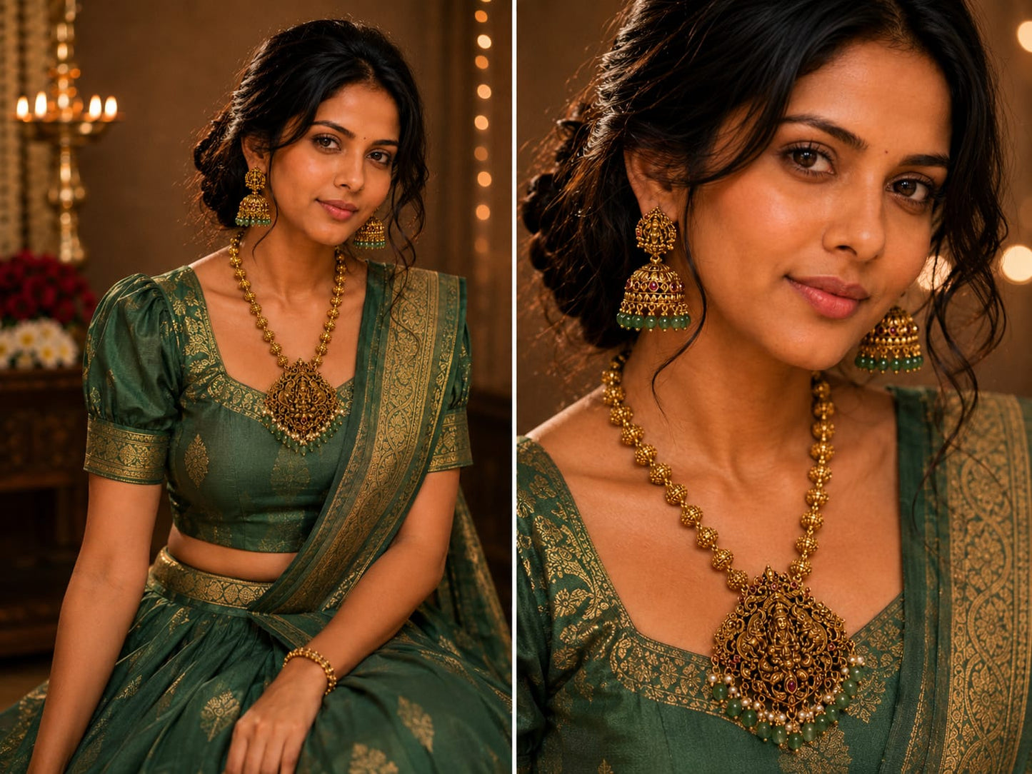 Royal Antique Lakshmi Temple Necklace Set with Green Bead Clusters