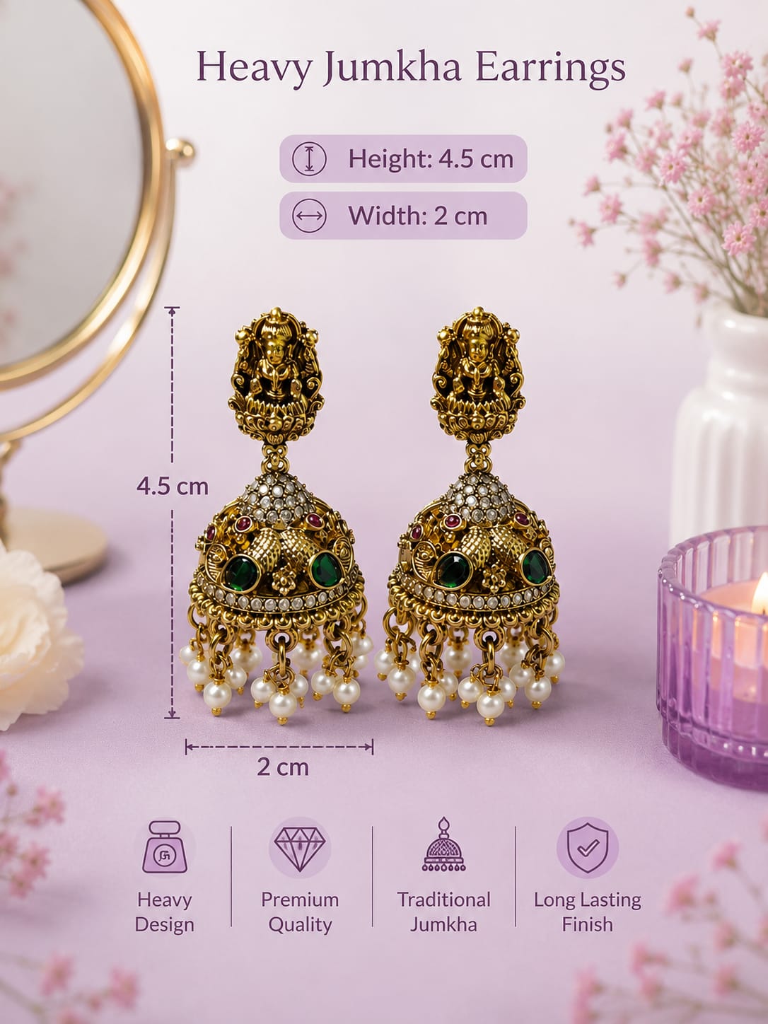 Royal Antique Lakshmi Temple Jhumka Earrings with Green Stones & Pearl Drops