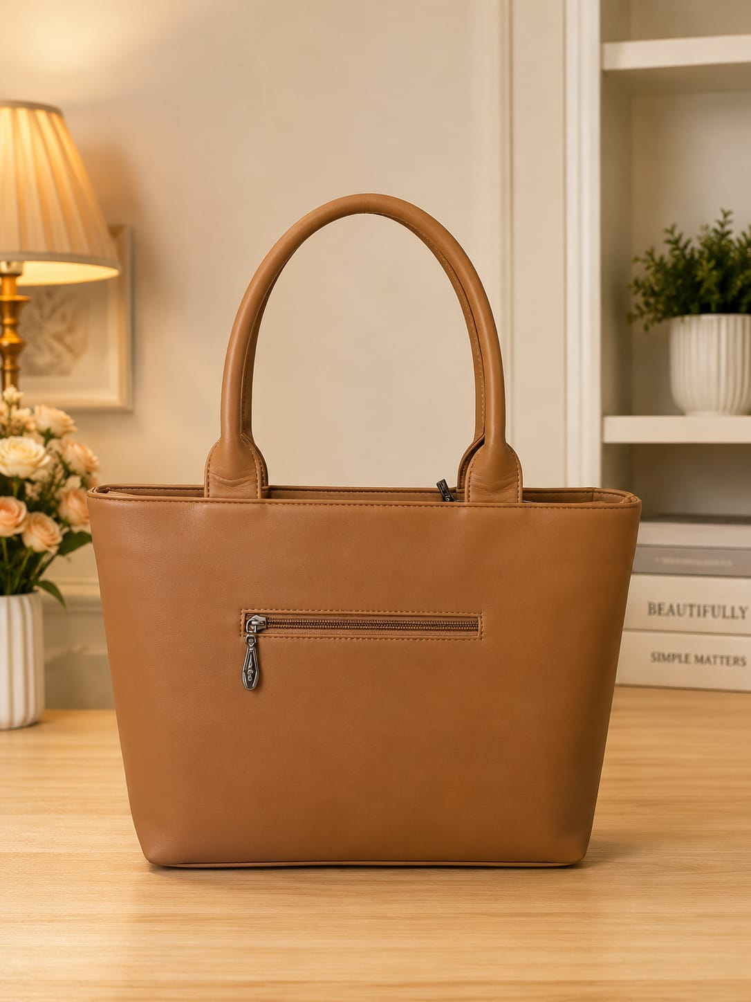 Elegant Tan Faux Leather Tote Handbag with Matching Mini Pouch