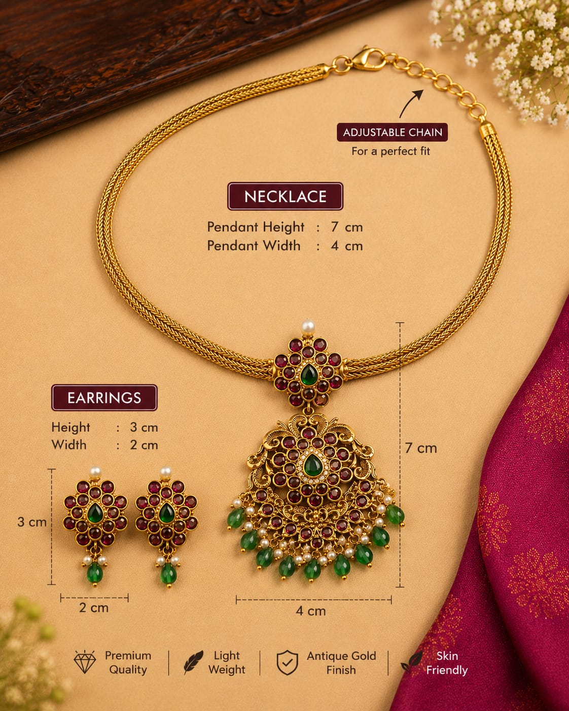 Antique Gold Temple Choker Necklace Set with Goddess Lakshmi Pendant & Green Emerald Stones