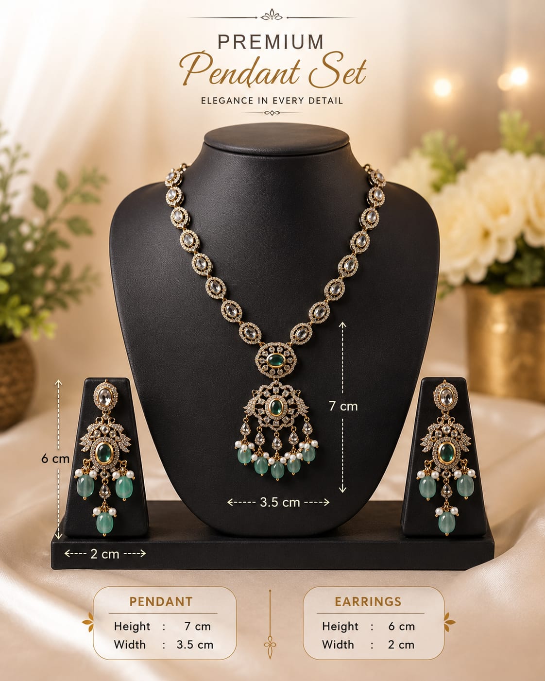 Elegant Emerald Green Stone & Diamond Choker Necklace Set with Earrings