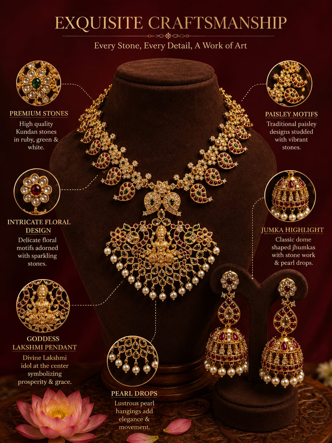 Antique Gold Choker Necklace Set with Goddess Lakshmi Pendant & Pearl Drops