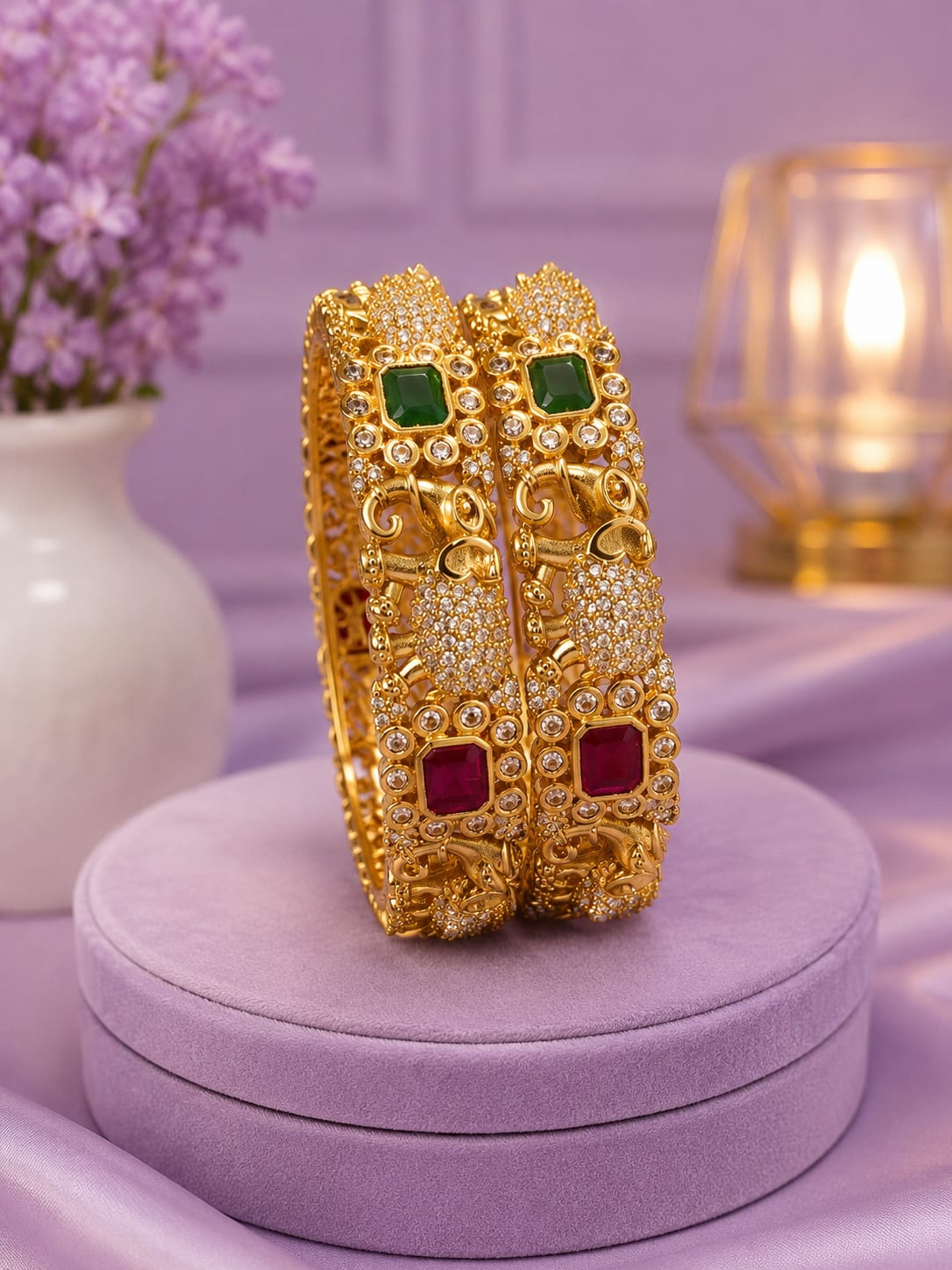 Antique Matte Gold Plated Lakshmi Ruby & Emerald Green Stone Bangle Set (Set of 2)