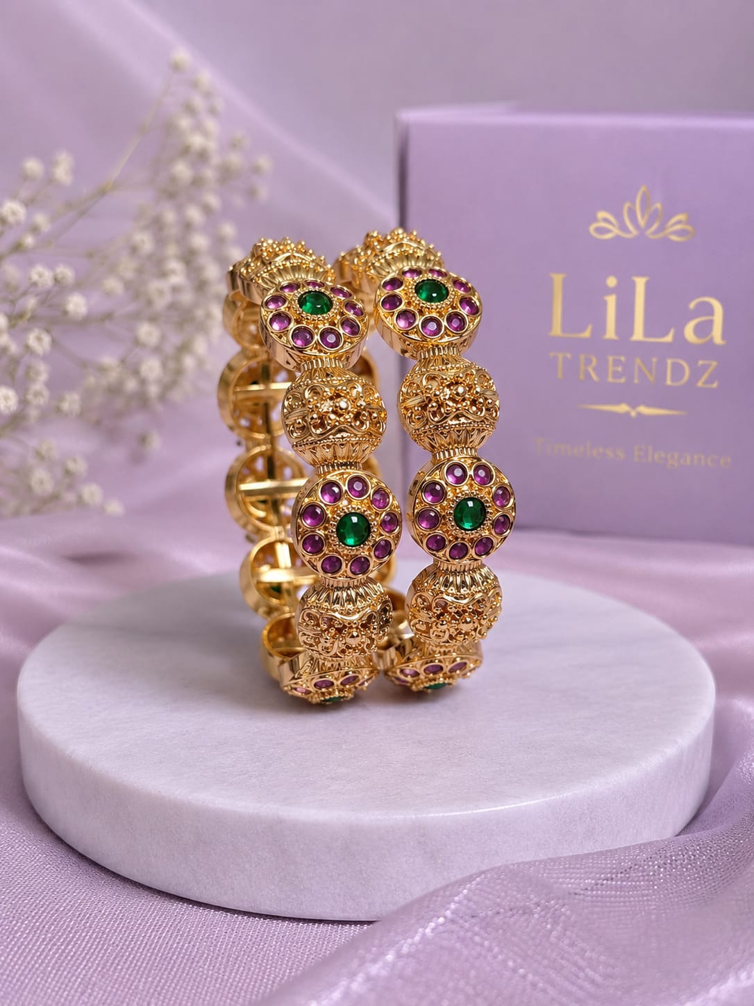 Antique Gold Temple Kada Bangles with Ruby Green Kemp Stones & Floral Motifs