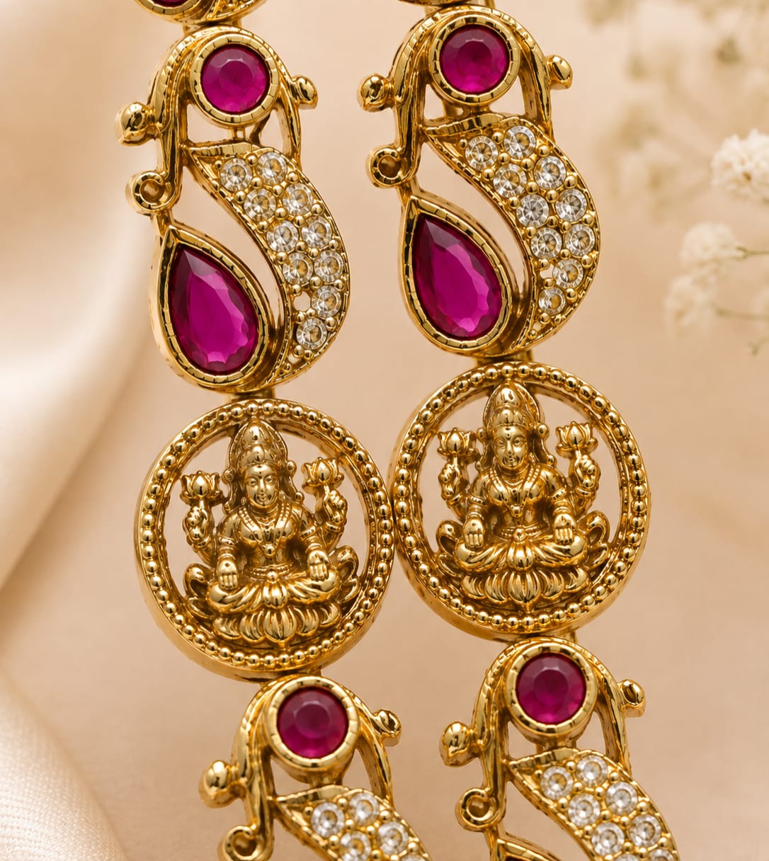 Antique Gold Temple Lakshmi & Peacock Kada Bangles with Kemp Stones