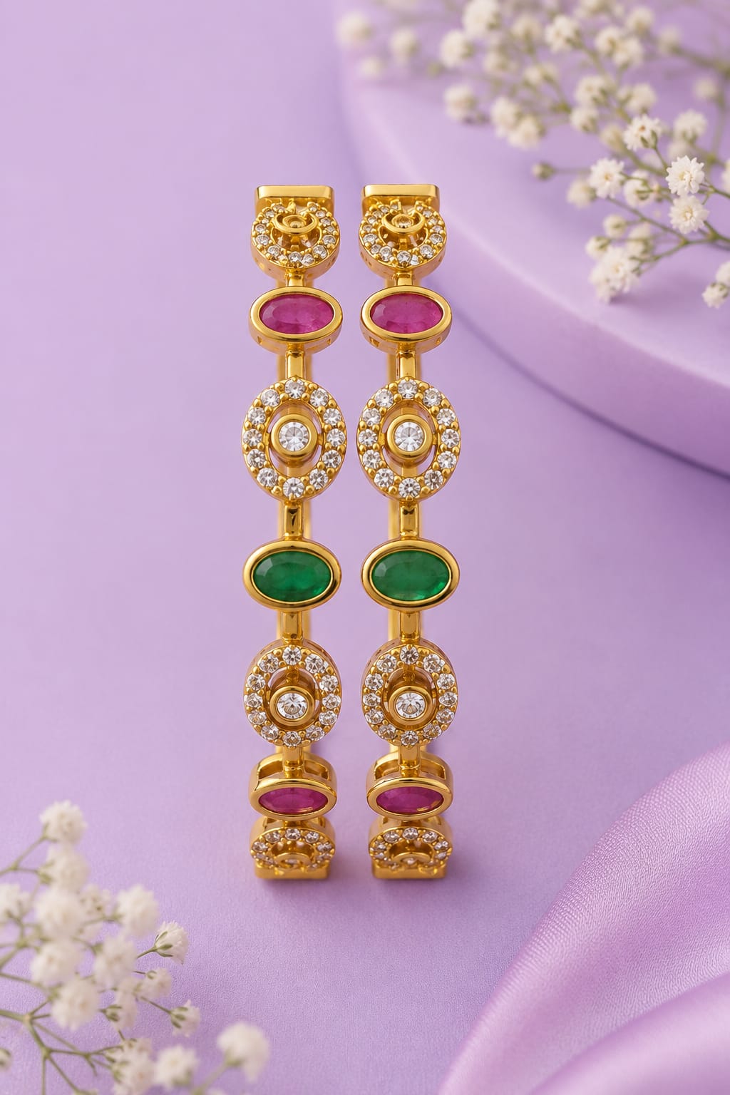 Antique Gold Temple Lakshmi & Peacock Bangles with Kemp Stones and Hanging Beads