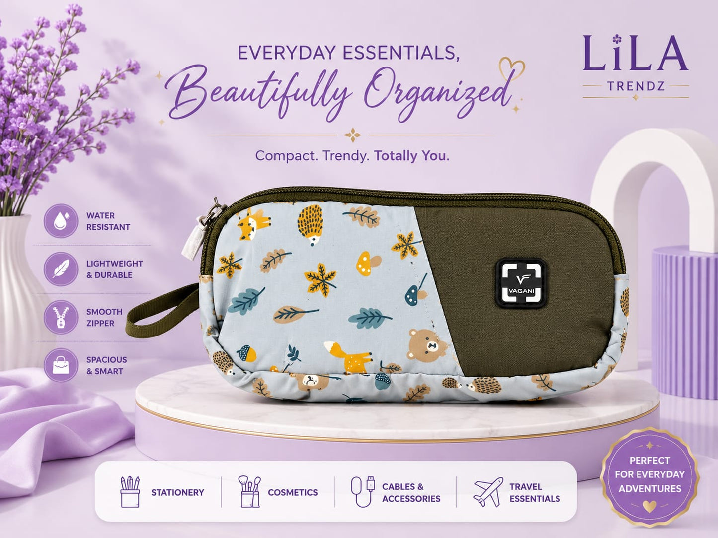 LiLa Trendz Vibrant Floral Print Multi-Purpose Pencil Pouch & Makeup Case
