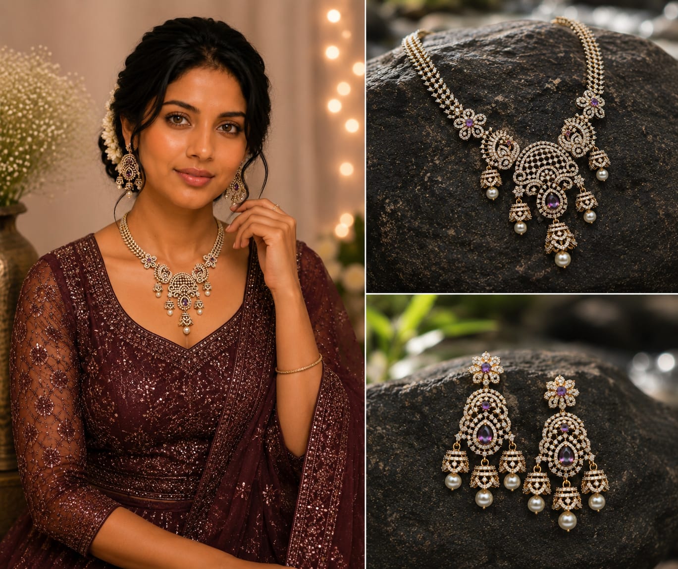 Sparkling Silver Finish American Diamond Necklace Set with Earrings & Maang Tikka