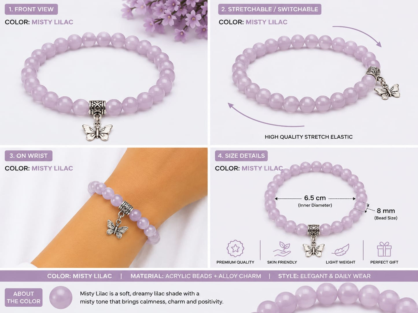 Lila Trendz Emerald Green Beaded Butterfly Charm Bracelet | Stretchable Elastic Bracelet for Women & Girls | Lightweight Daily Wear Gift