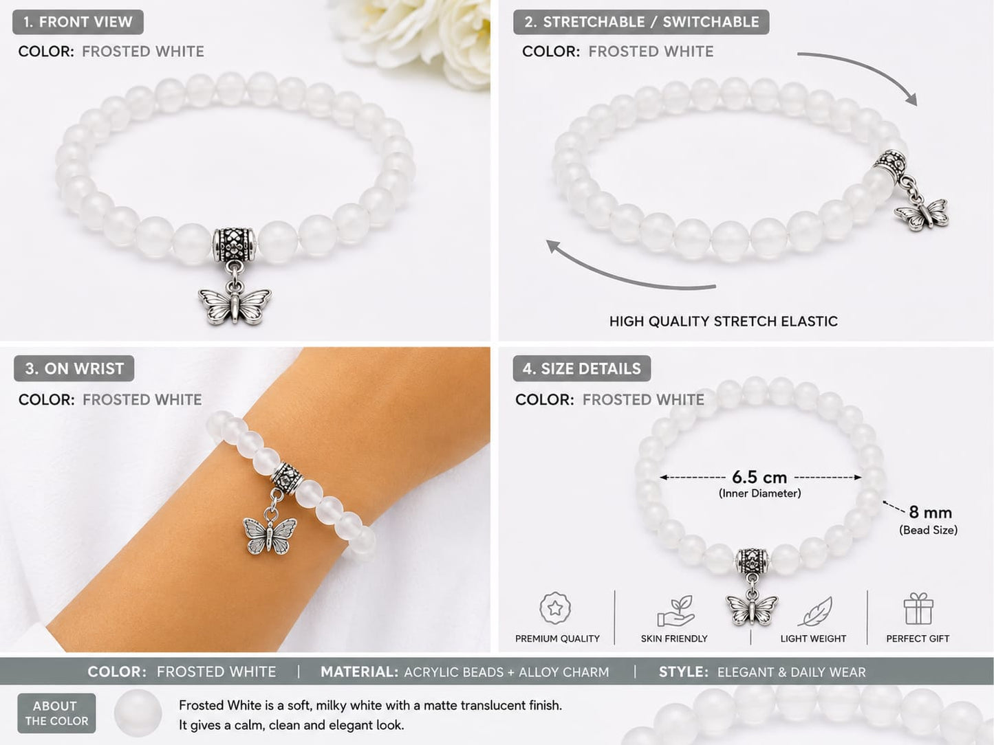 Lila Trendz Emerald Green Beaded Butterfly Charm Bracelet | Stretchable Elastic Bracelet for Women & Girls | Lightweight Daily Wear Gift