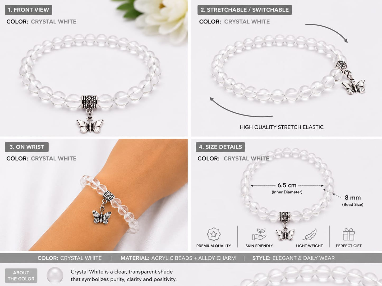 Lila Trendz Emerald Green Beaded Butterfly Charm Bracelet | Stretchable Elastic Bracelet for Women & Girls | Lightweight Daily Wear Gift