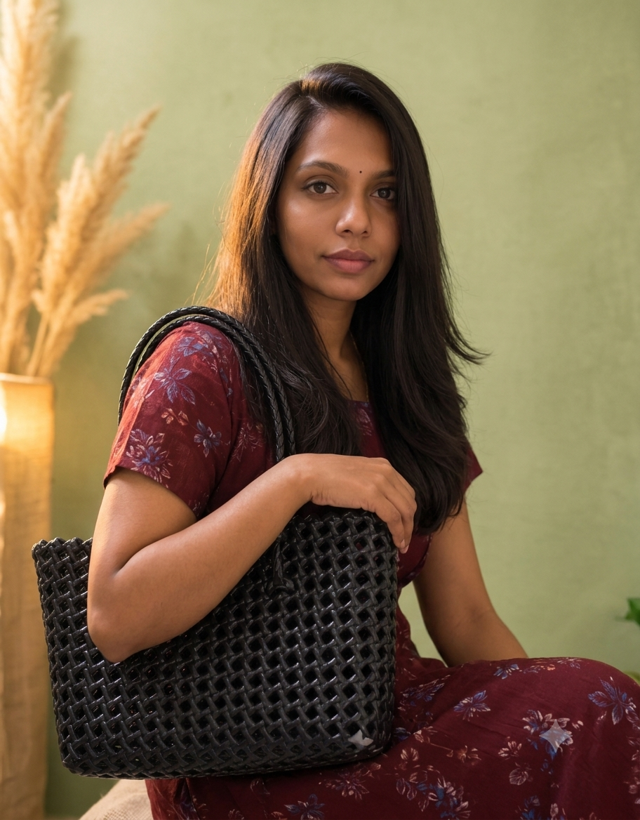 Lila Trendz Classic Black Handwoven Tote Basket Bag