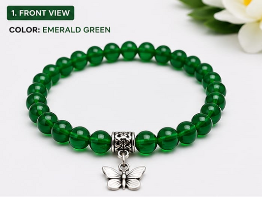 Lila Trendz Emerald Green Beaded Butterfly Charm Bracelet | Stretchable Elastic Bracelet for Women & Girls | Lightweight Daily Wear Gift