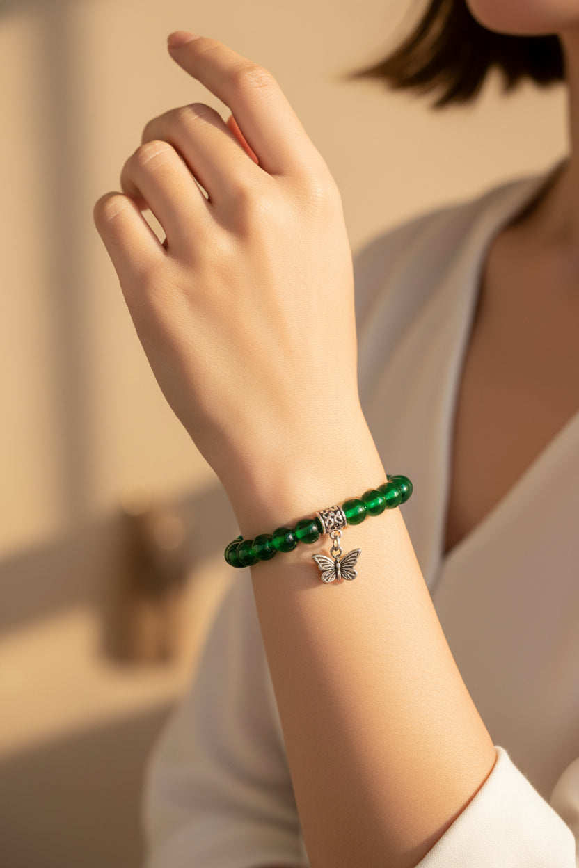 Lila Trendz Emerald Green Beaded Butterfly Charm Bracelet | Stretchable Elastic Bracelet for Women & Girls | Lightweight Daily Wear Gift