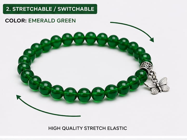 Lila Trendz Emerald Green Beaded Butterfly Charm Bracelet | Stretchable Elastic Bracelet for Women & Girls | Lightweight Daily Wear Gift