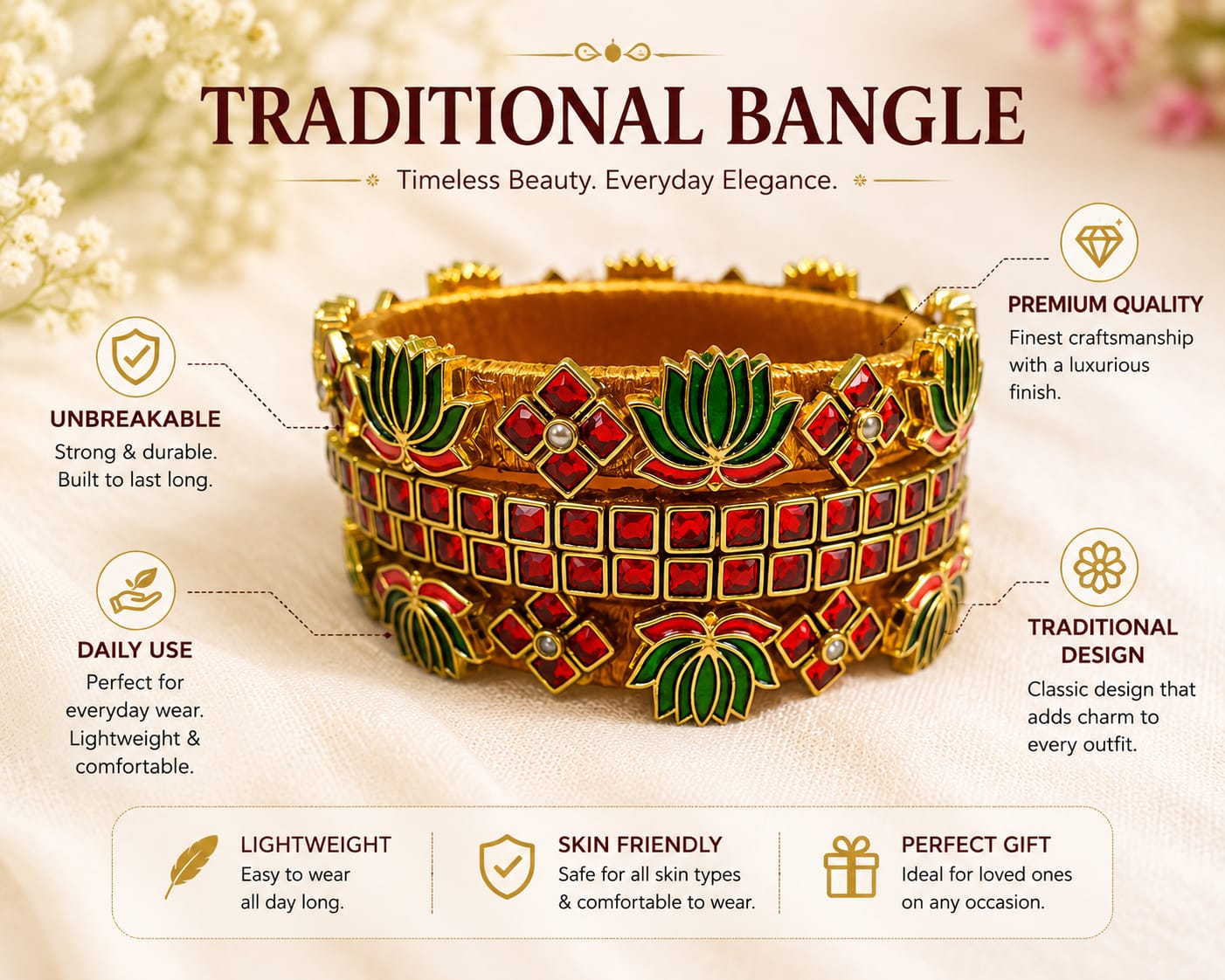 LiLa Trendz Traditional Lotus Kemp Stone Matte Bangle