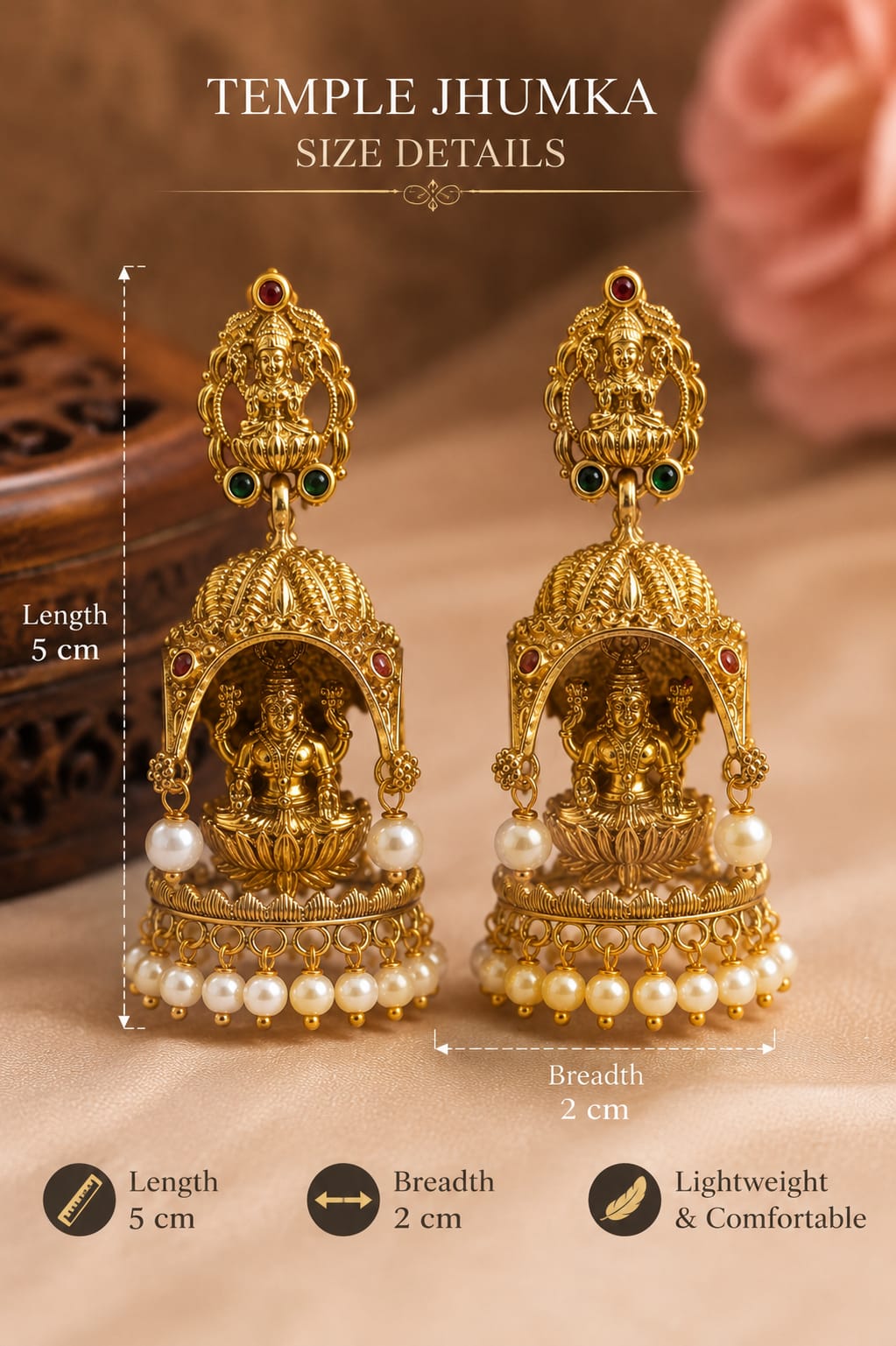 Royal Antique Temple Work Jhumkas with Pearl Drop