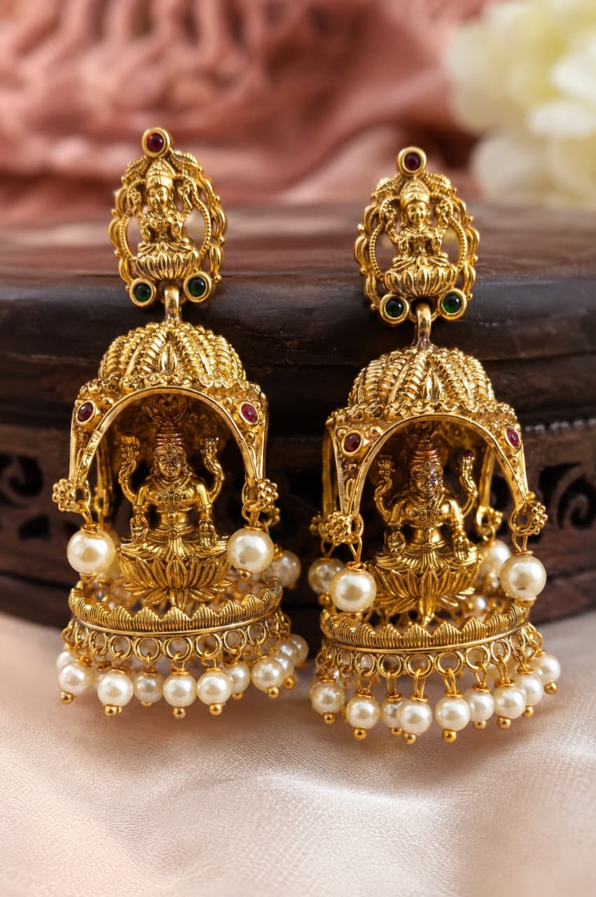 Royal Antique Temple Work Jhumkas with Pearl Drop