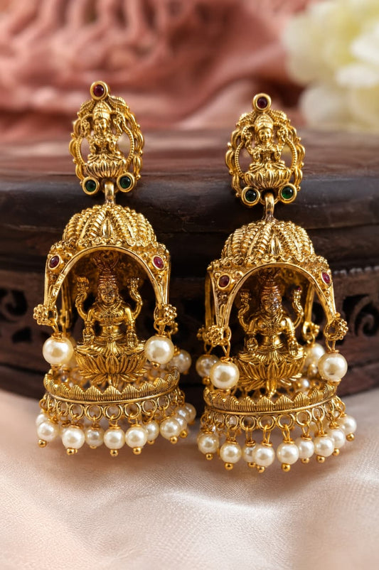 Royal Antique Temple Work Jhumkas with Pearl Drop