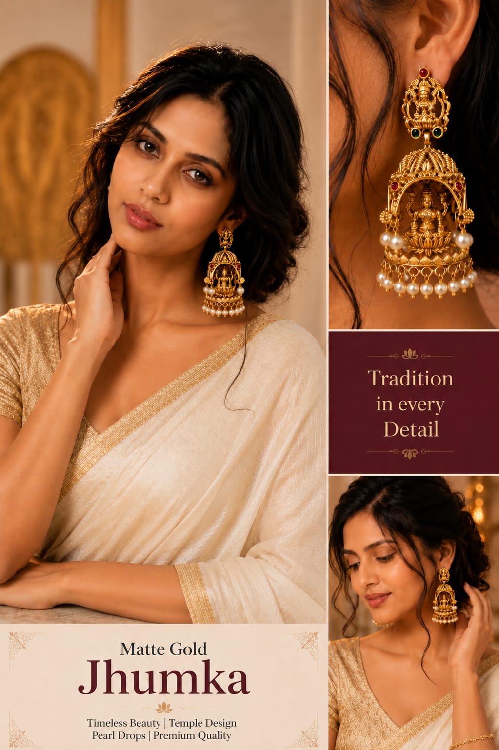 Royal Antique Temple Work Jhumkas with Pearl Drop