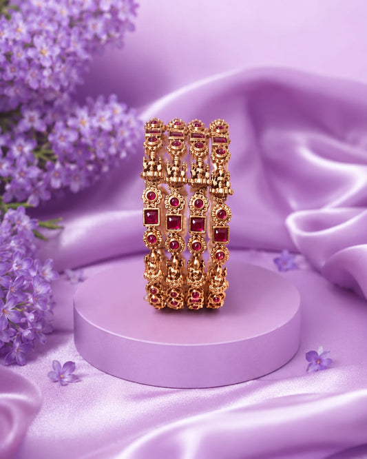 Antique Matte Gold-Plated Ruby Stone Traditional Bangle Set (Set of 4)
