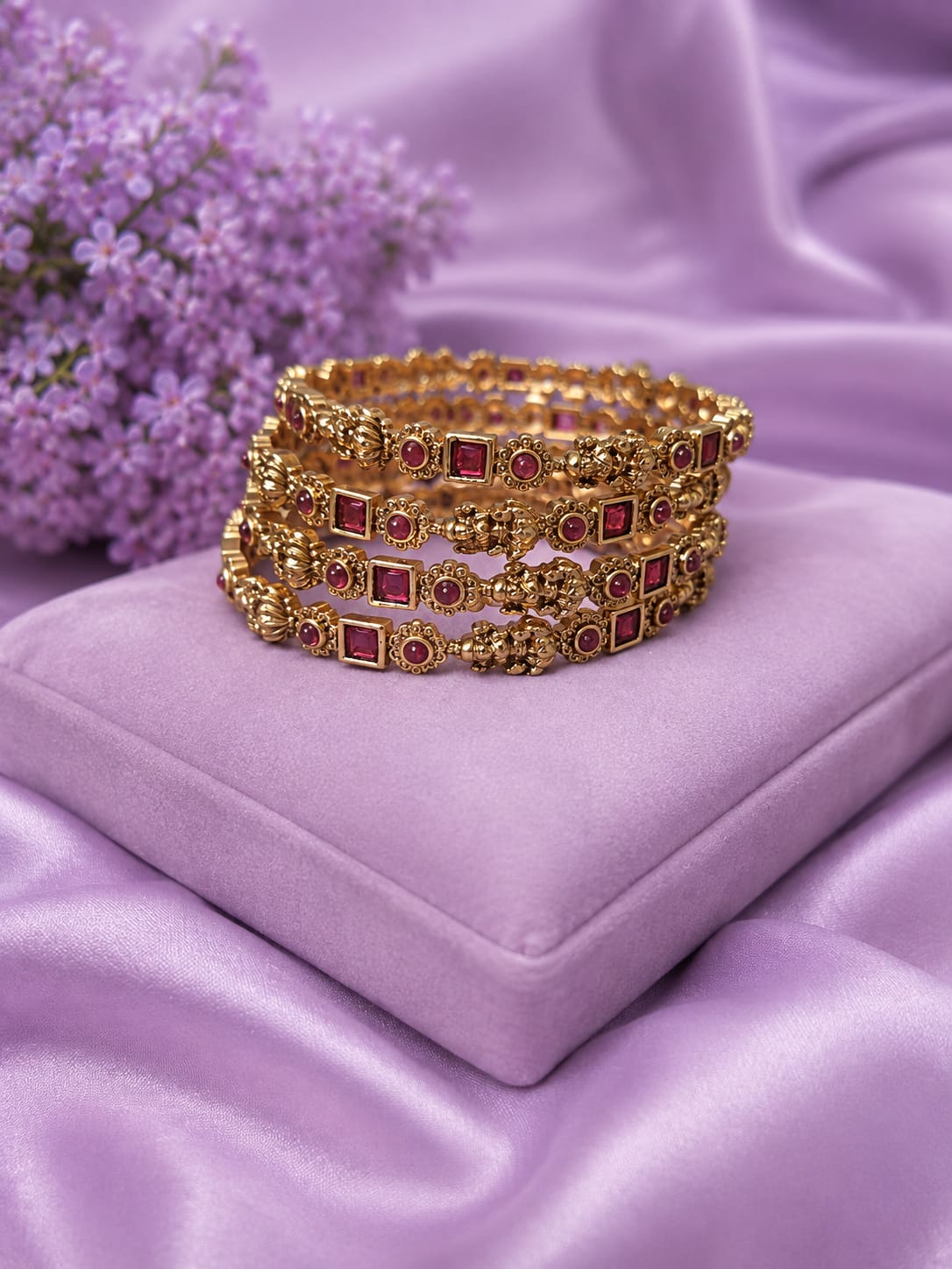 Antique Matte Gold-Plated Ruby Stone Traditional Bangle Set (Set of 4)