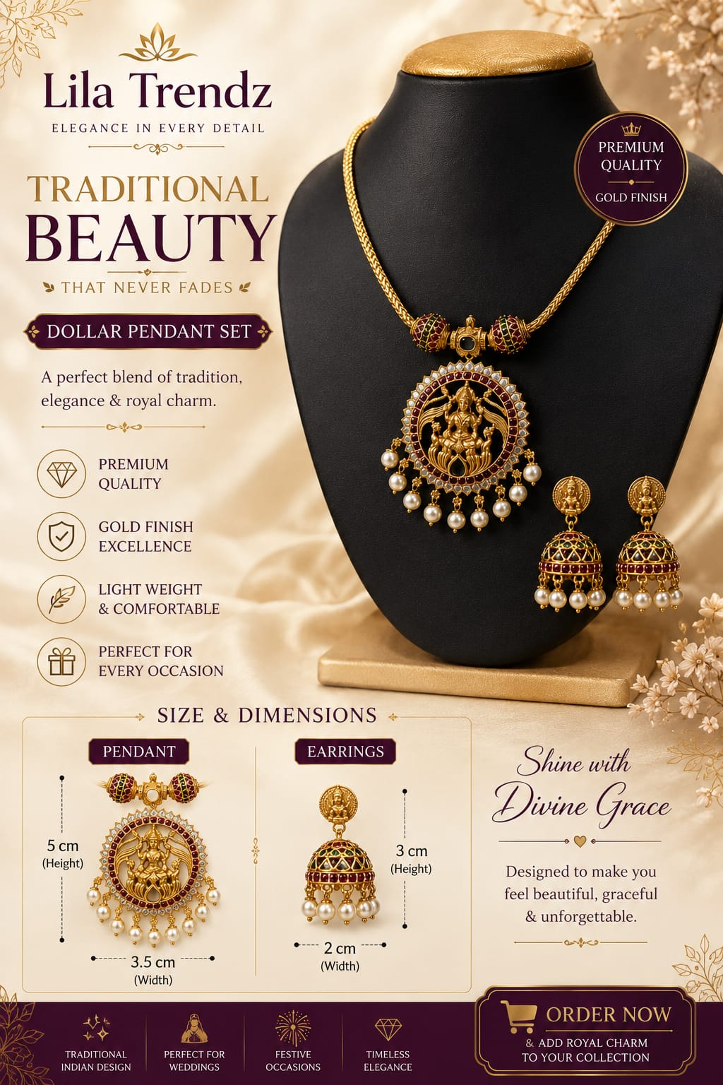 LiLa Trendz Royal Antique Gold Finish Temple Dollar & Jhumka Set