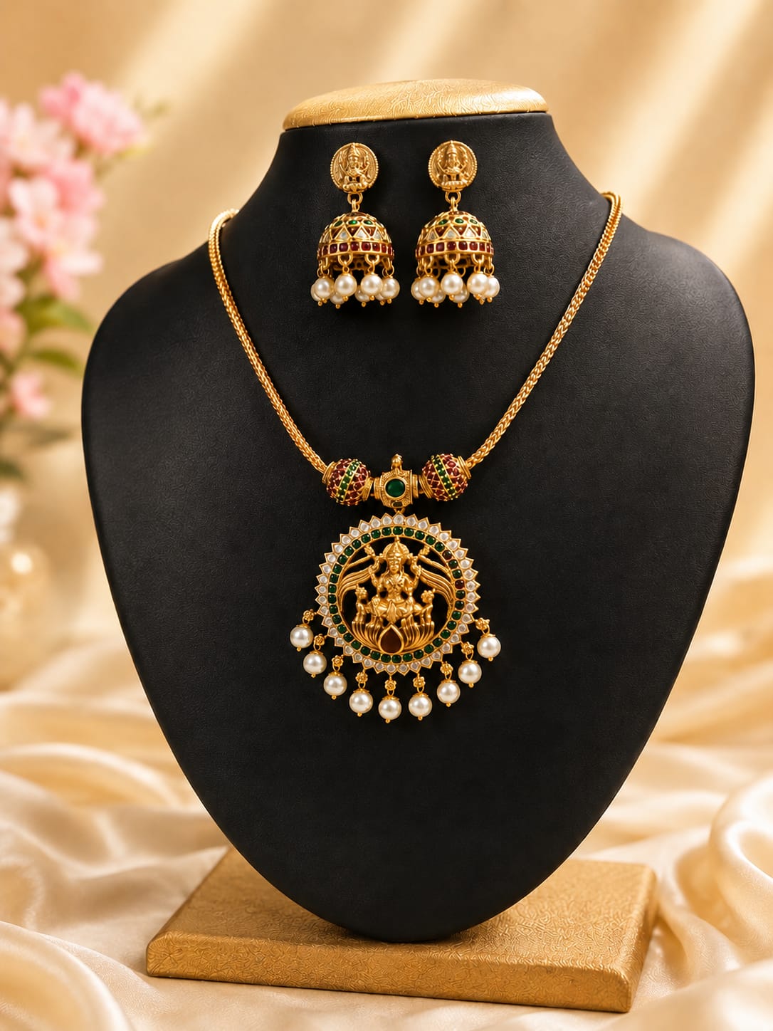 LiLa Trendz Royal Antique Gold Finish Temple Dollar & Jhumka Set