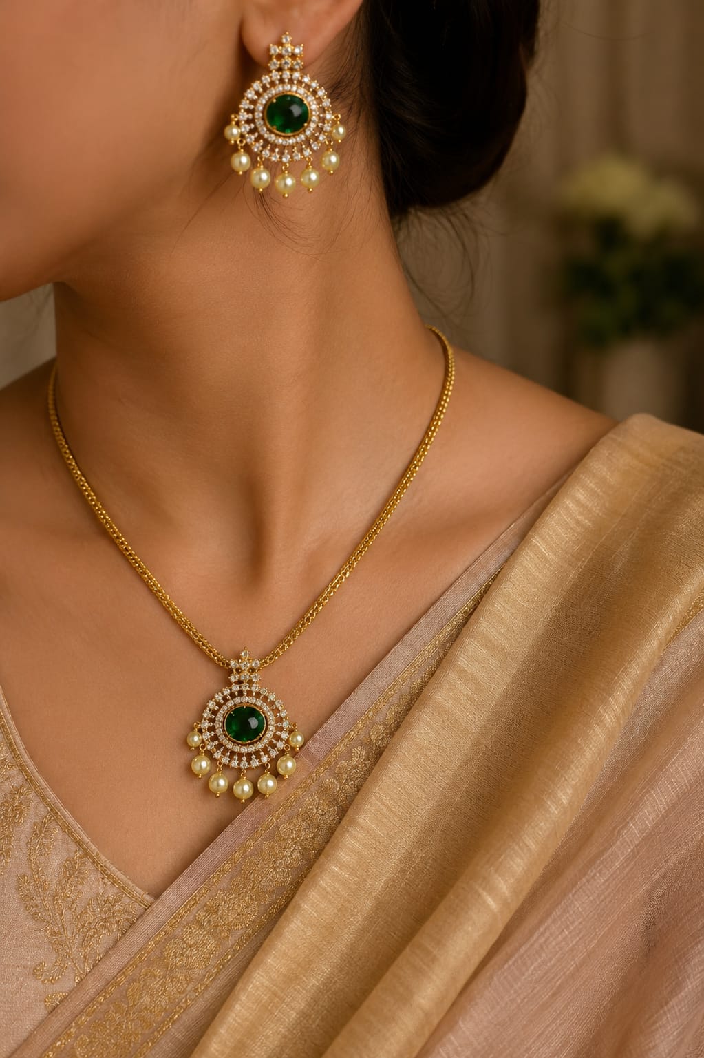 LiLa Trendz Royal AD Stone Emerald Pendant Set with Pearl Drops