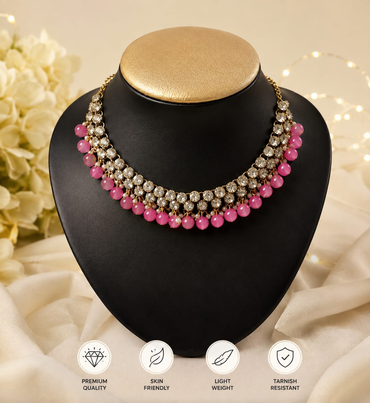 Elegant Pink Beaded CZ Necklace Set with Earrings | Gold-Plated Jewellery