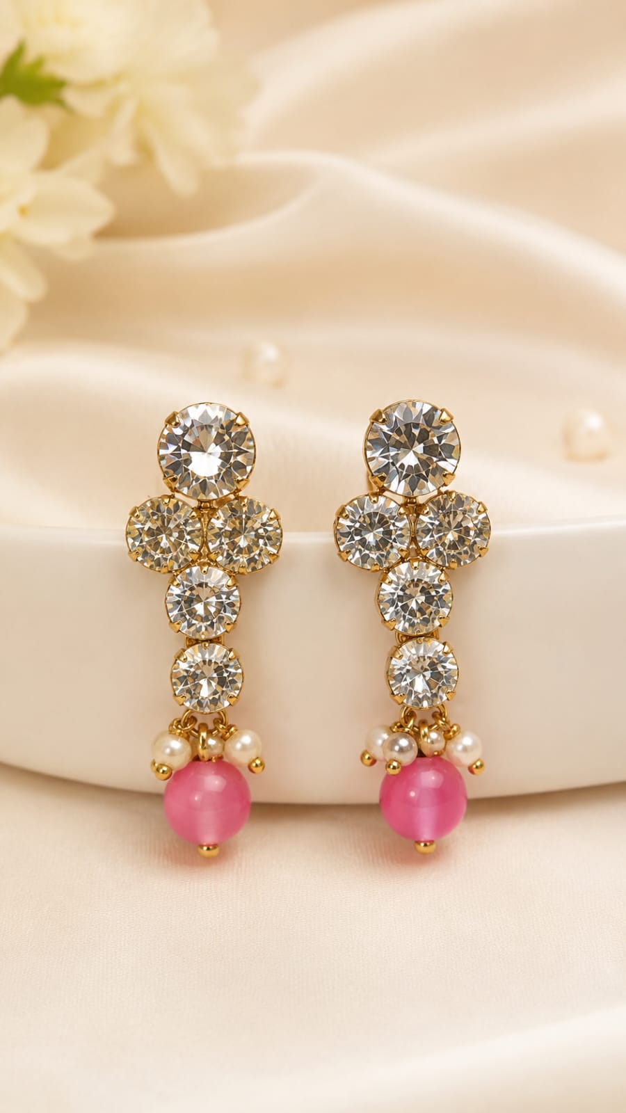 Elegant Pink Beaded CZ Necklace Set with Earrings | Gold-Plated Jewellery