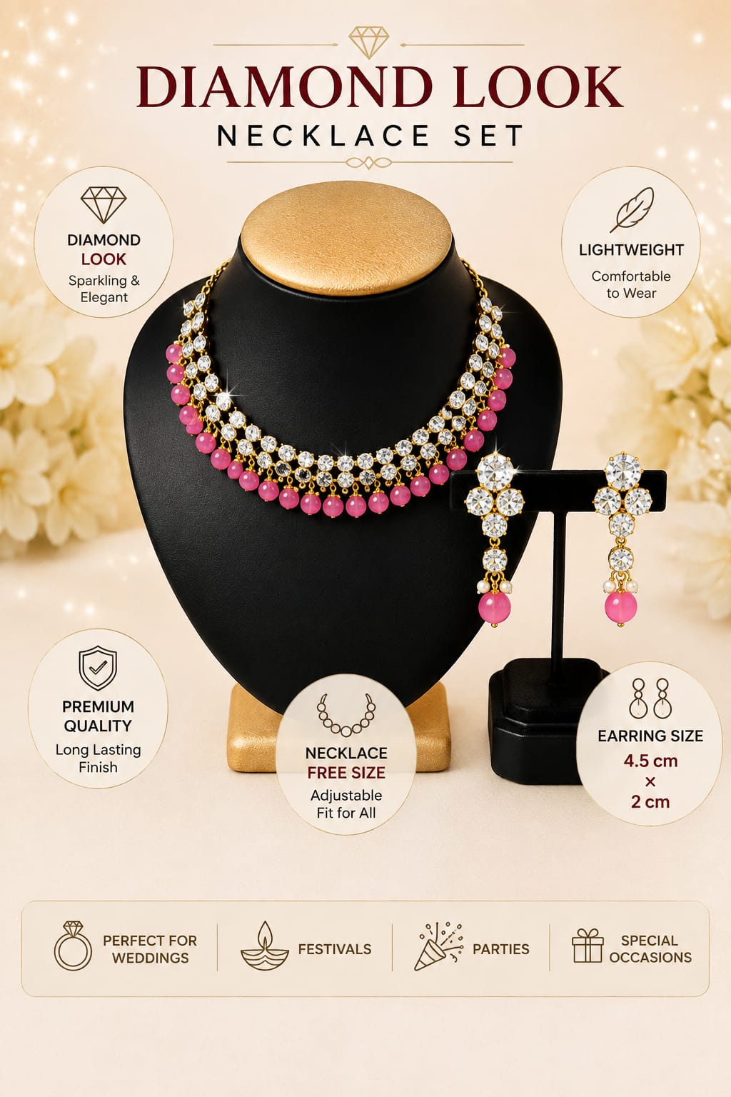 Elegant Pink Beaded CZ Necklace Set with Earrings | Gold-Plated Jewellery