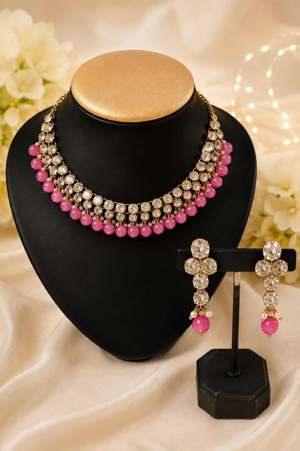 Elegant Pink Beaded CZ Necklace Set with Earrings | Gold-Plated Jewellery