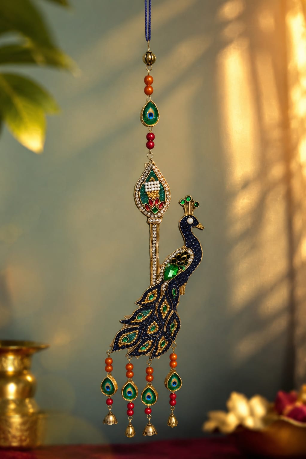 Peacock Wall Hanging Decorative Toran with Bells | Traditional Indian Home Décor | 28 cm