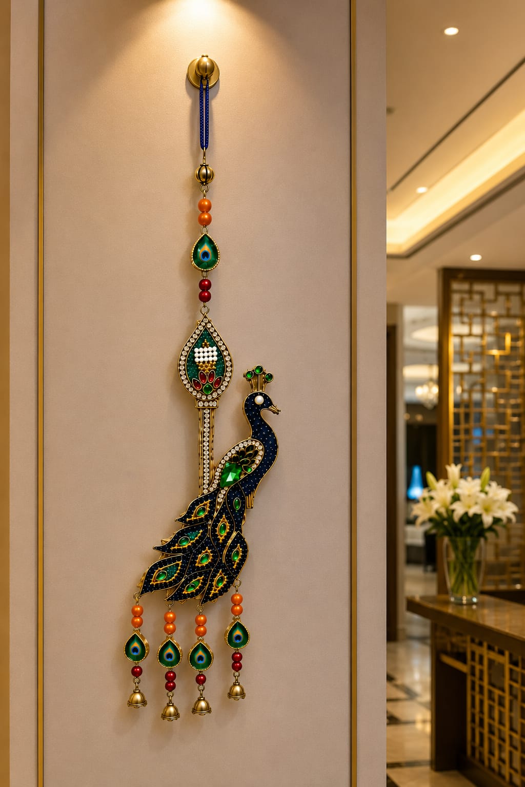 Peacock Wall Hanging Decorative Toran with Bells | Traditional Indian Home Décor | 28 cm