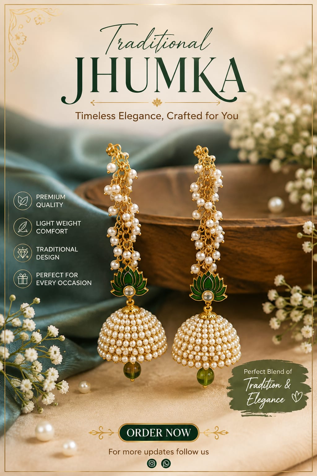 Traditional Pearl Jhumka Earrings – Green Lotus Design | Elegant Ethnic Earrings