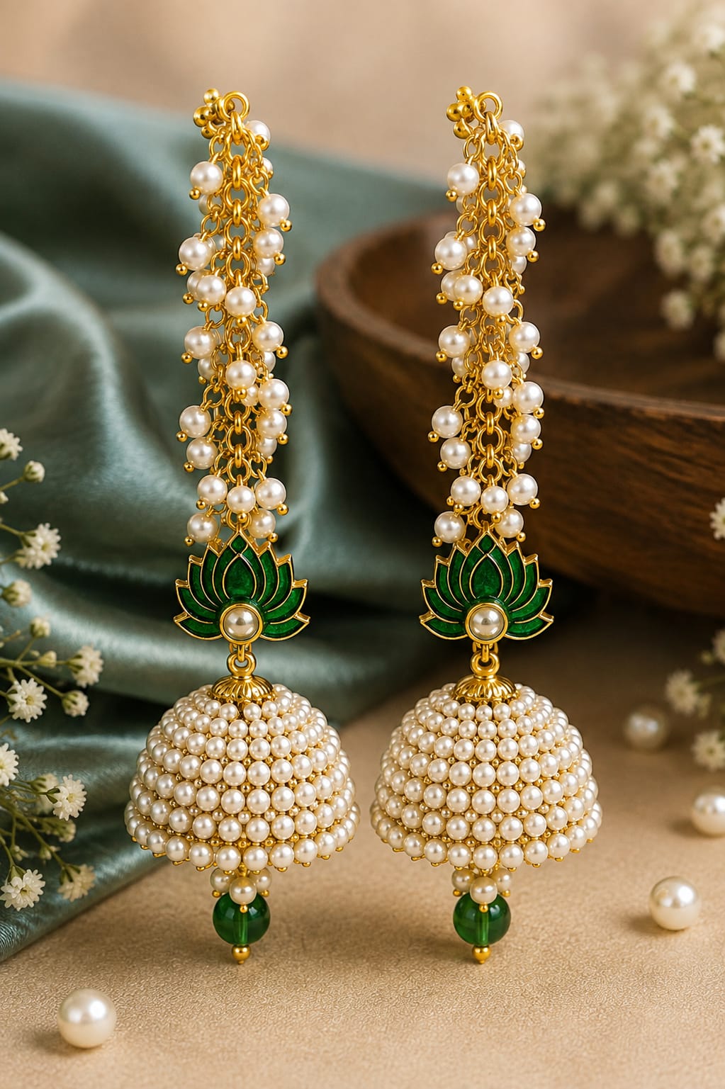 Traditional Pearl Jhumka Earrings – Green Lotus Design | Elegant Ethnic Earrings
