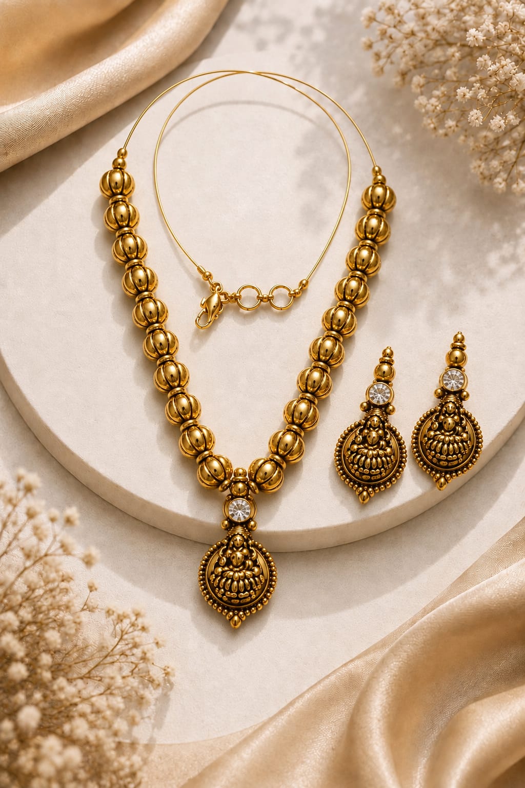 Lila Trendz Traditional Gold Tone Necklace Set with Matching Earrings | Elegant Lakshmi Design Jewellery