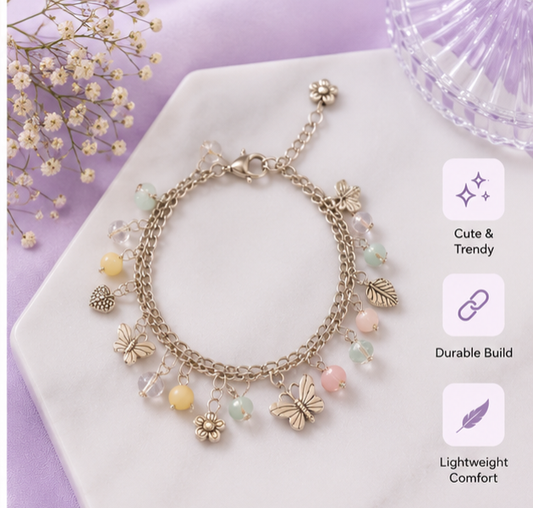 Butterfly & Leaf Charm Adjustable Bracelet for Women | Pastel Beads | Cute Korean Style Fashion Bracelet | Gift for Girls