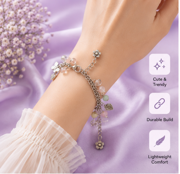 Lila Trendz Pastel Butterfly & Heart Charm Bracelet for Women