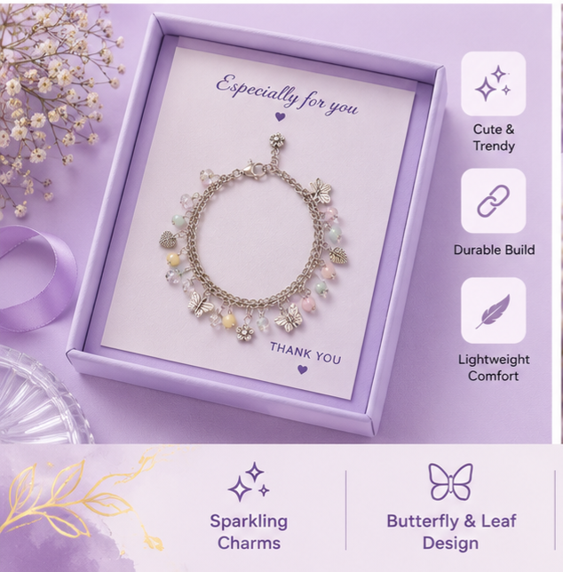 Lila Trendz Pastel Butterfly & Heart Charm Bracelet for Women