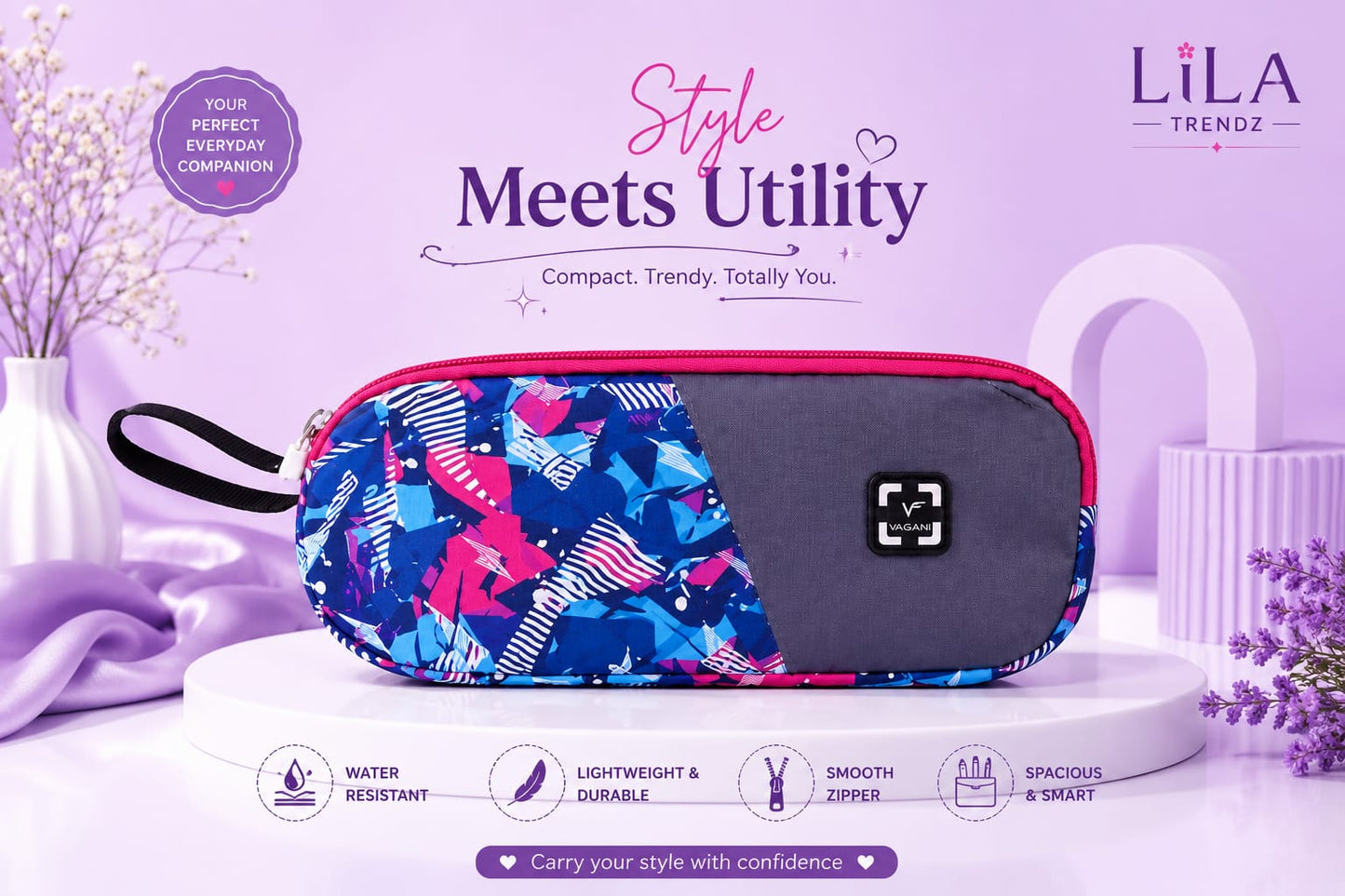 LiLa Trendz Vibrant Floral Print Multi-Purpose Pencil Pouch & Makeup Case