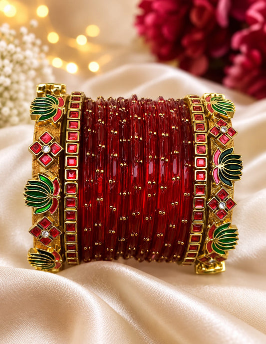 LiLa Trendz Traditional Red Glass Bangle Set with Antique Kemp Kada