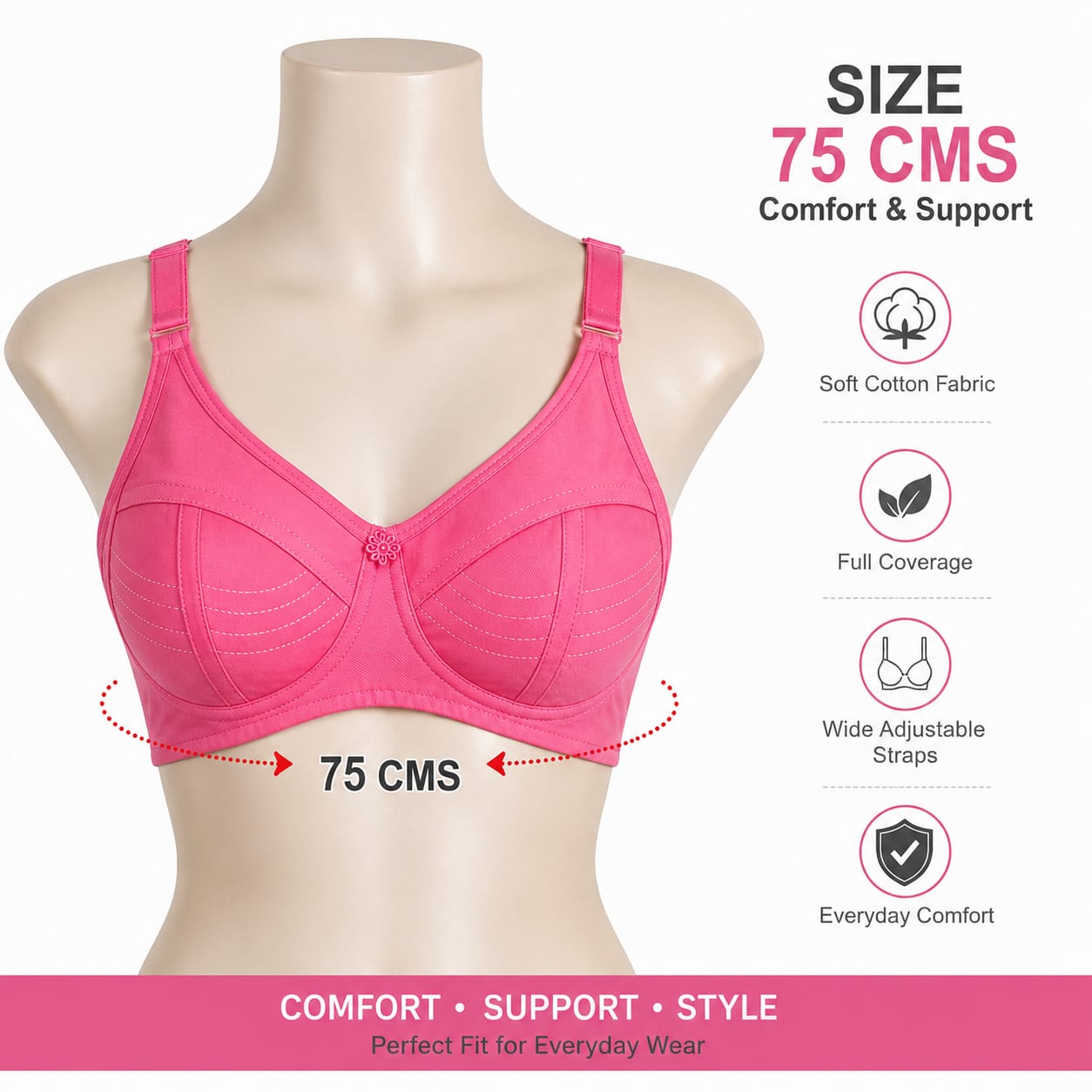 LiLa Trendz Women's Soft Cotton Everyday Comfort Bra - Pink (75 CMS)