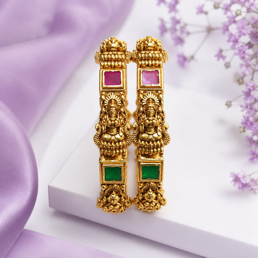Royal Antique Matte Finish Kemp & Green Stone Temple Bangles
